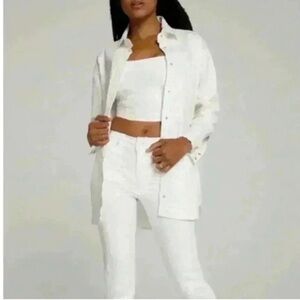 Good American Shiny Croc Print Oversized White Button Up Shacket